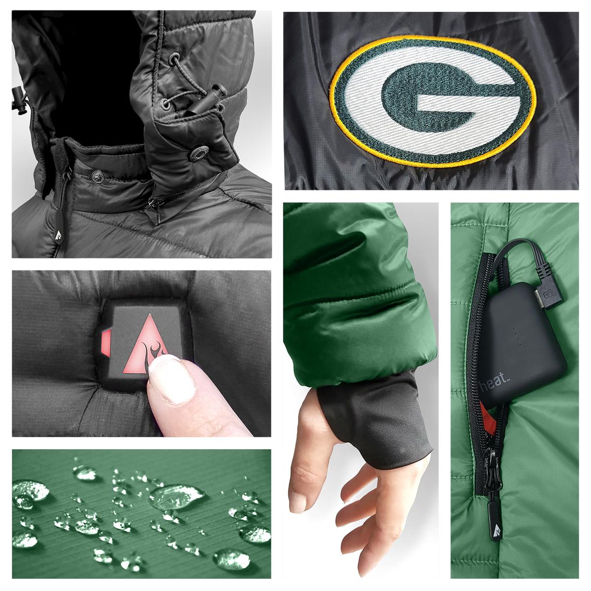 ActionHeat Green Bay Packers 5V Women's Colorblock Puffer Battery Heated Jacket