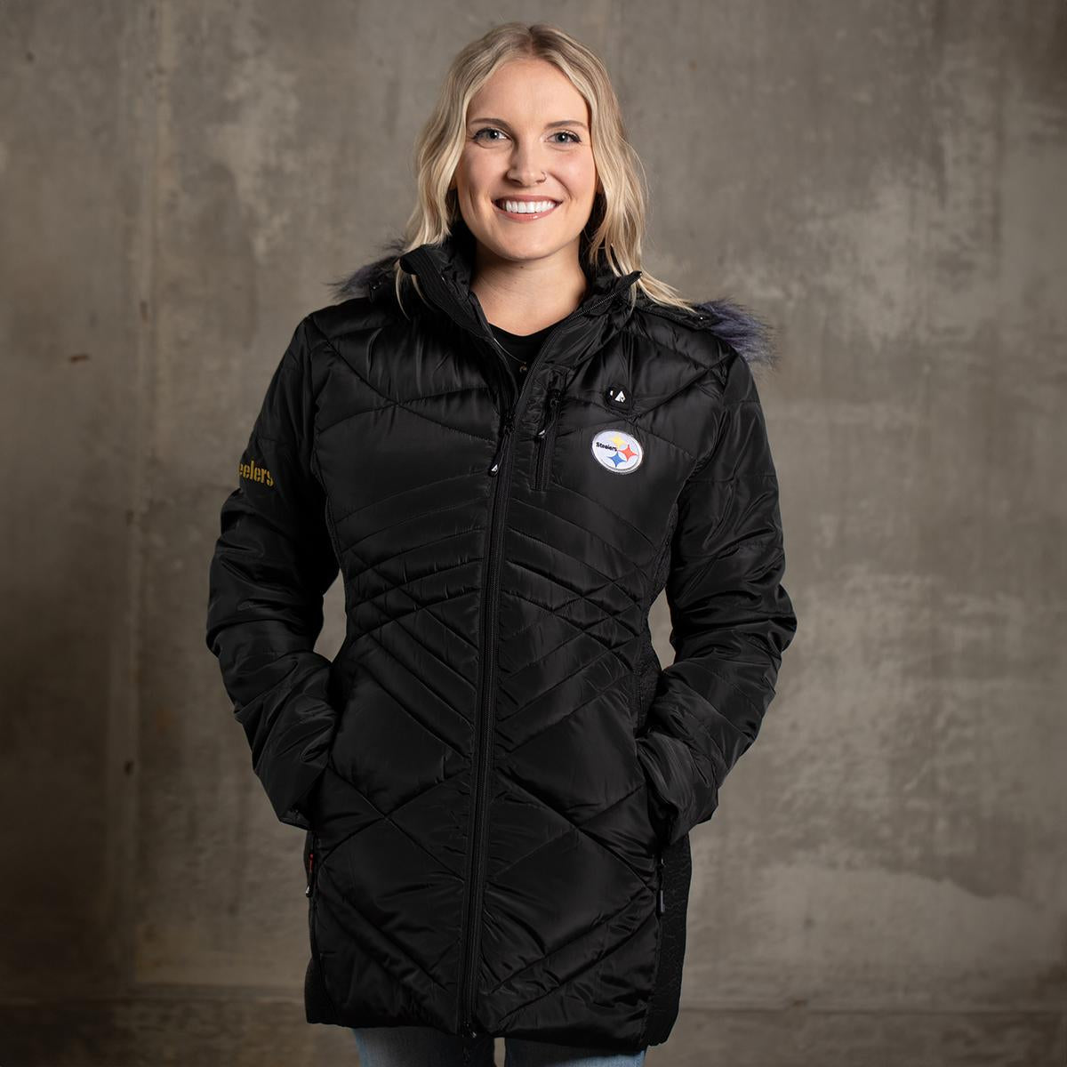 ActionHeat Pittsburgh Steelers 5V Women's Long Puffer Battery Heated Jacket