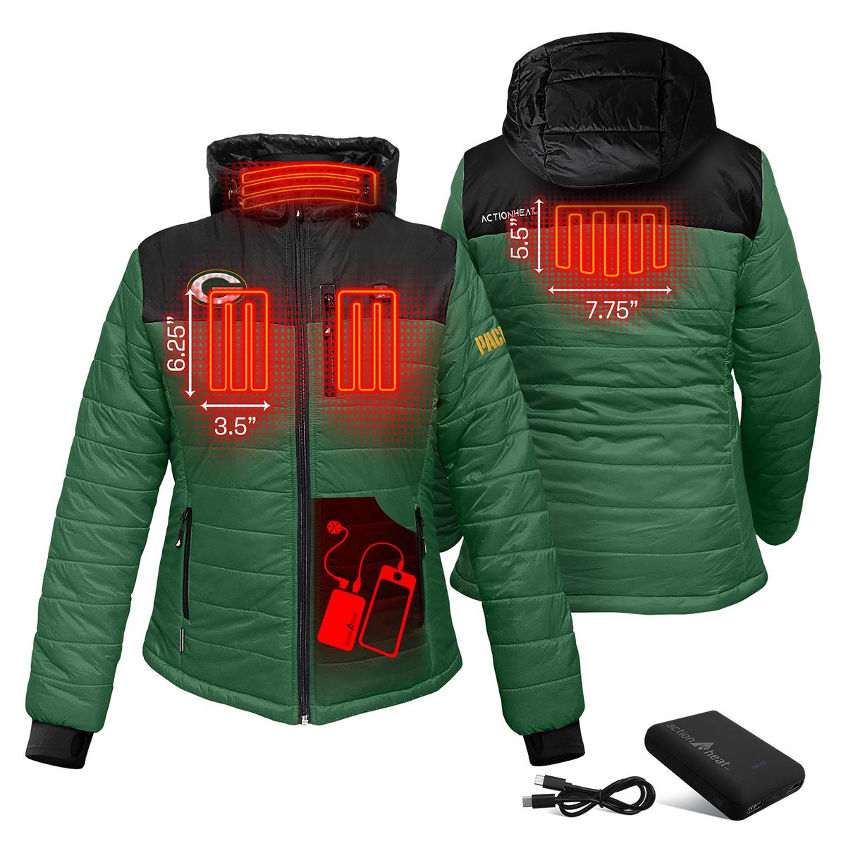 ActionHeat Green Bay Packers 5V Women's Colorblock Puffer Battery Heated Jacket