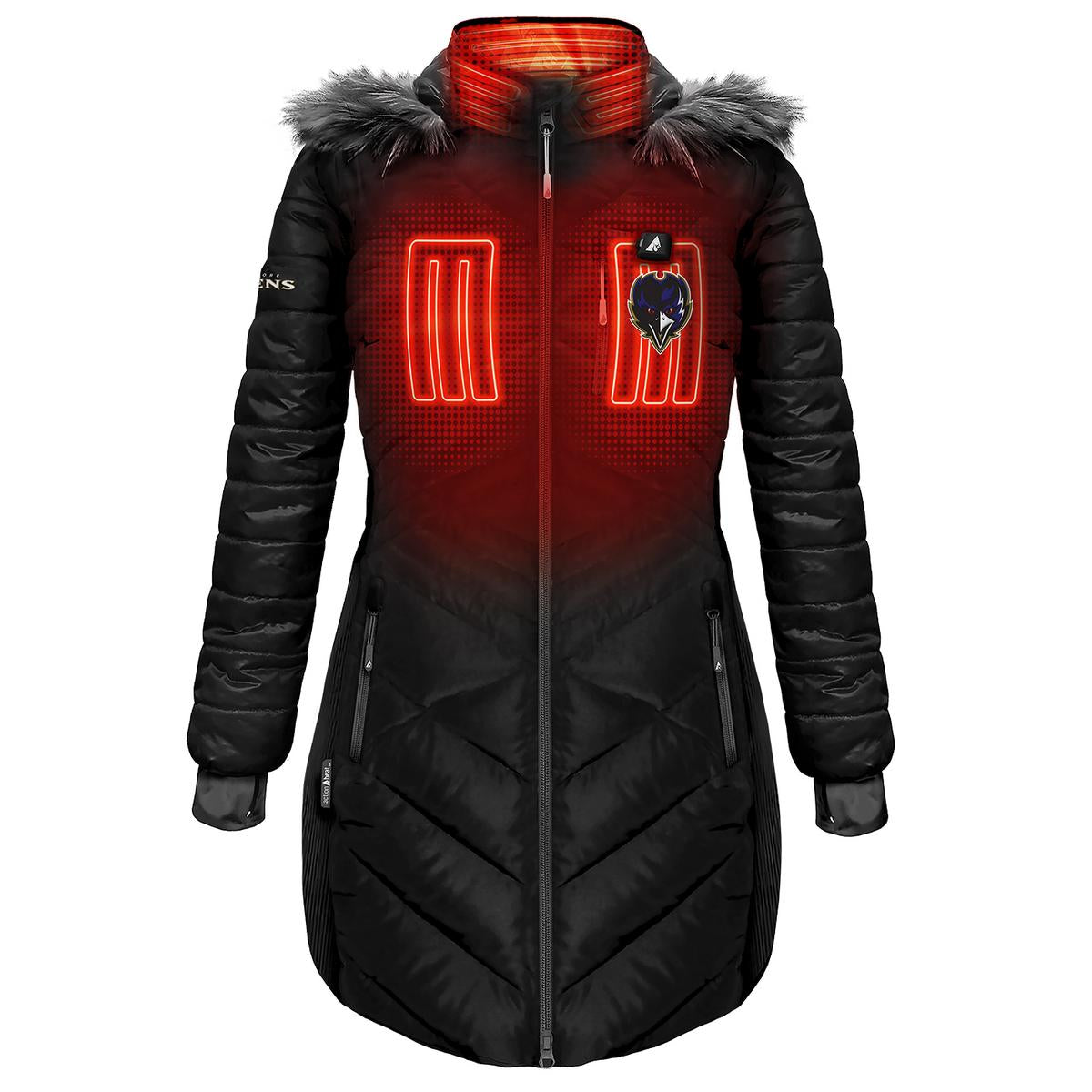 ActionHeat Baltimore Ravens 5V Women's Long Puffer Battery Heated Jacket