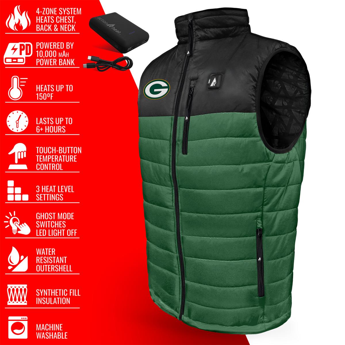 ActionHeat Green Bay Packers 5V Men's Colorblock Puffer Battery Heated Vest