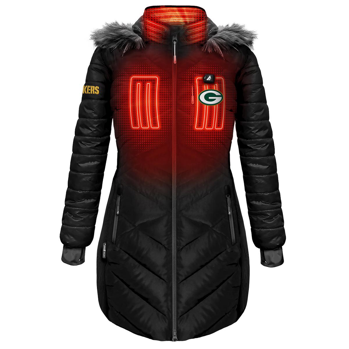 ActionHeat Green Bay Packers 5V Women's Long Puffer Battery Heated Jacket
