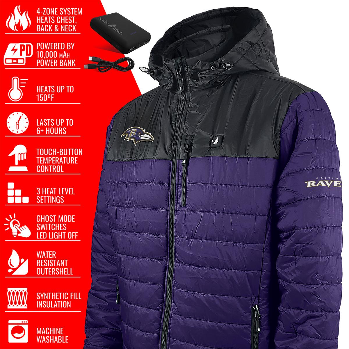 ActionHeat Baltimore Ravens 5V Men's Colorblock Puffer Battery Heated Jacket