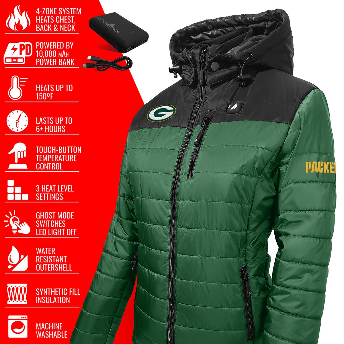 ActionHeat Green Bay Packers 5V Women's Colorblock Puffer Battery Heated Jacket