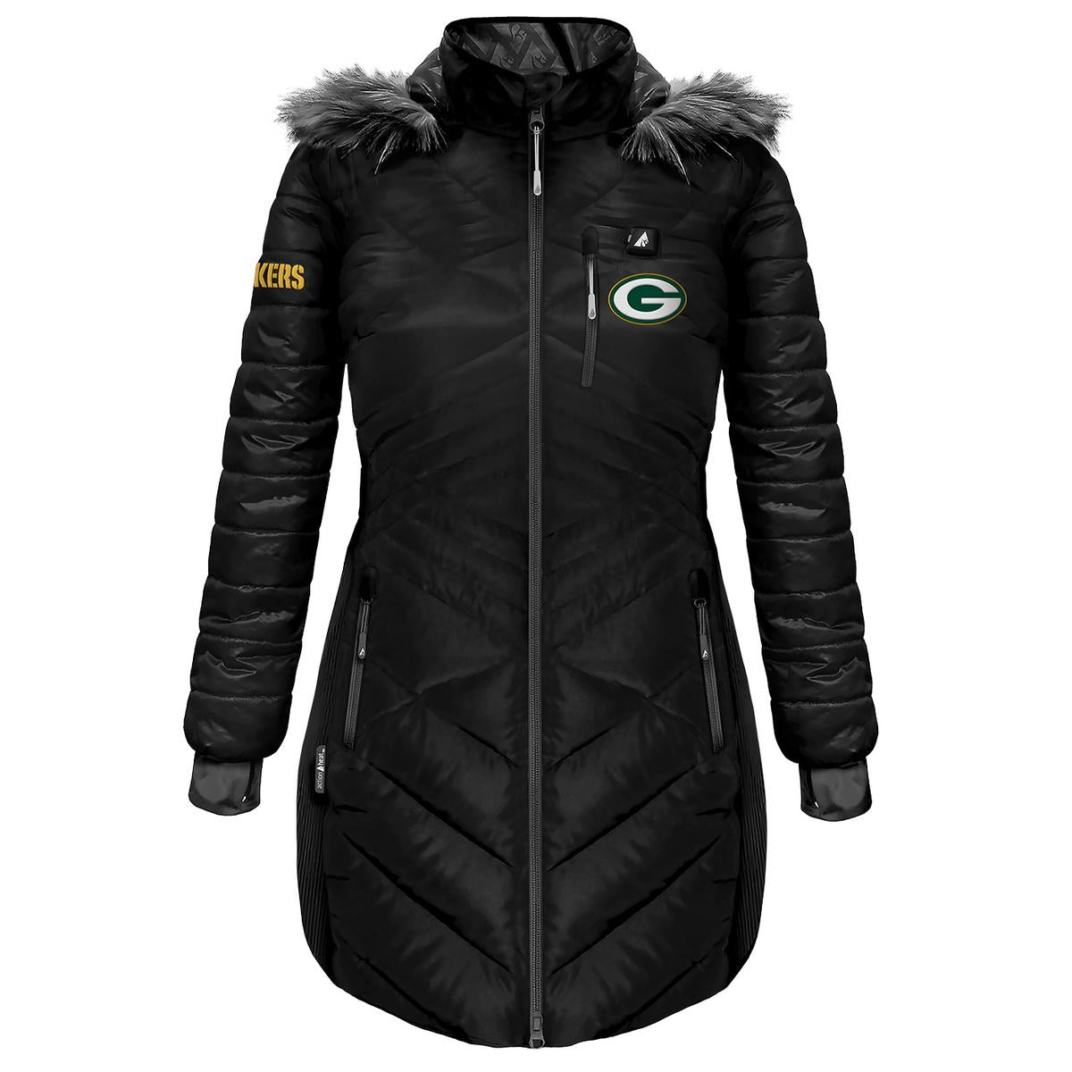 ActionHeat Green Bay Packers 5V Women's Long Puffer Battery Heated Jacket