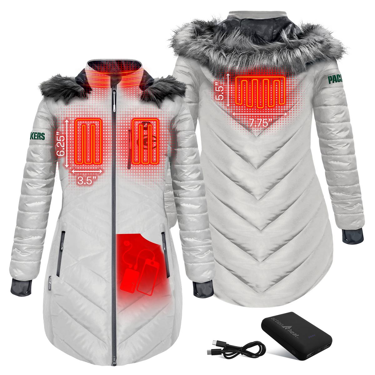 ActionHeat Green Bay Packers 5V Women's Long Puffer Battery Heated Jacket