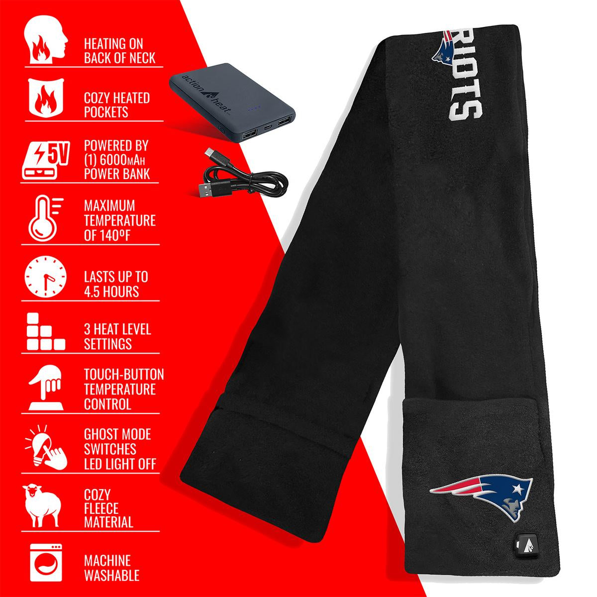 ActionHeat New England Patriots 5V Battery Heated Scarf